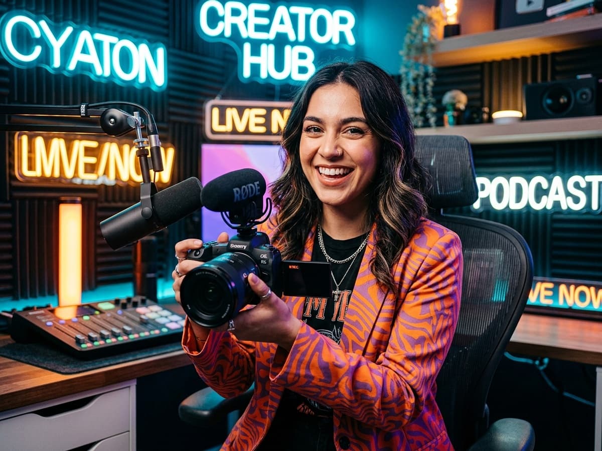 High-contrast vibrant YouTube thumbnail studio portrait with neon background
