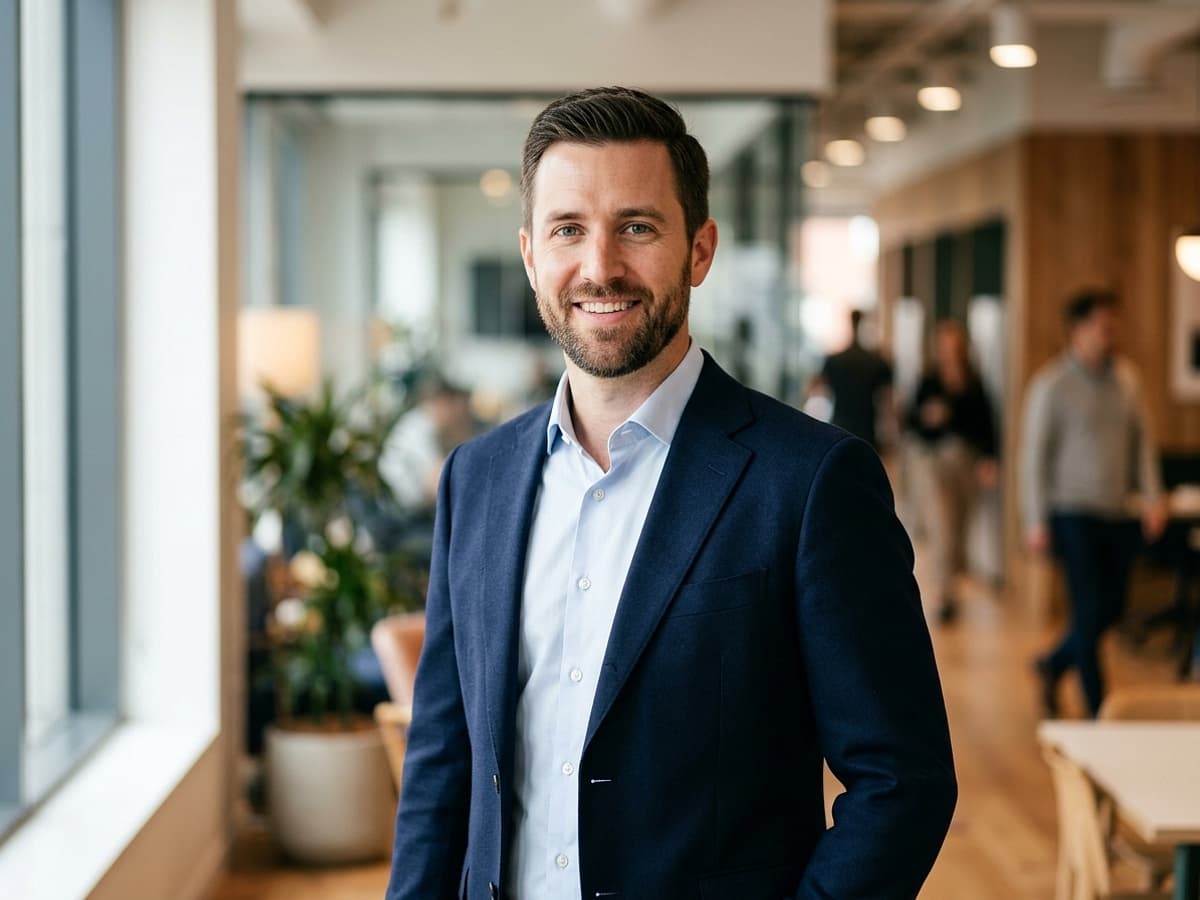 Executive portrait with studio 3-point illumination and soft bokeh background