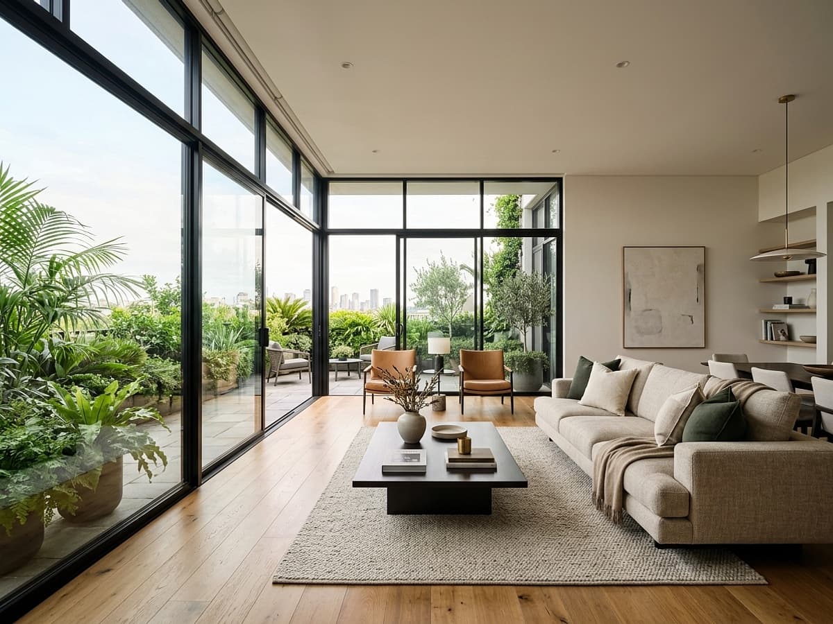 Bright HDR balanced luxury living room with crystal clear window view