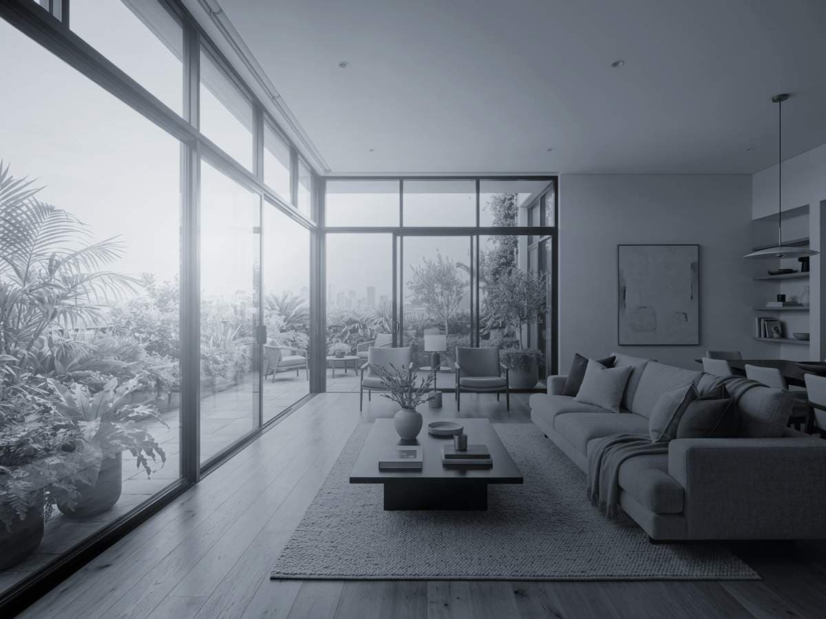 Dark unedited apartment interior with overexposed windows