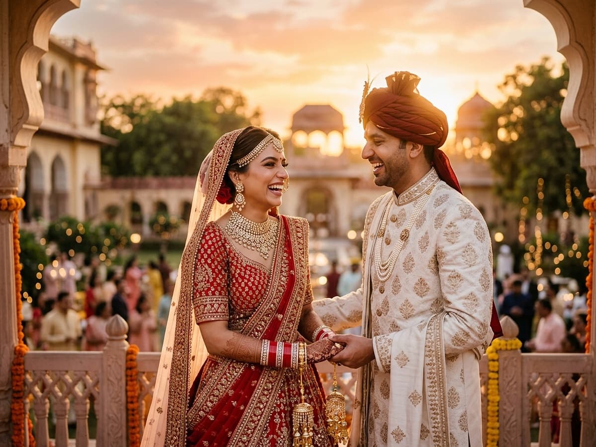 Cinematic warm golden hour wedding photograph with radiant skin tones